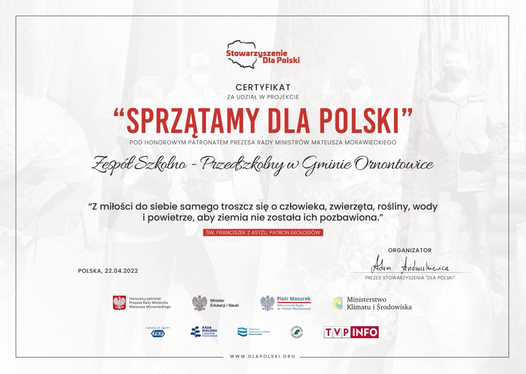 Certyfikat udziału w projekcie Sprzątamy dla Polski