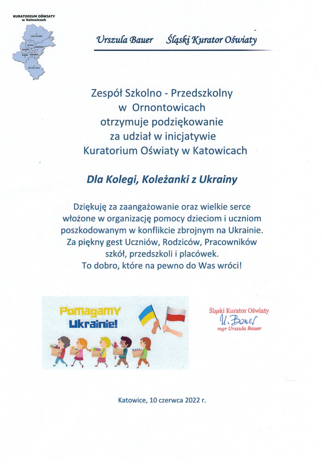 Podziękowanie dla Zespołu Szkolno - Przedszkolnego za udział w inicjatywie Kuratorium Oświaty w Katowicach - Dla kolegi, koleżanki z Ukrainy