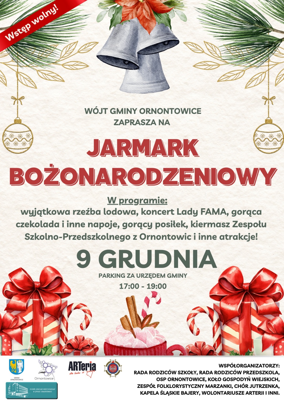 Plakat Urzędu Gminy, zapraszający na Jarmark Bożonarodzeniowy, który odbędzie się 9 grudnia od godziny 17.00 do 19.00 na parkingu za urzędem