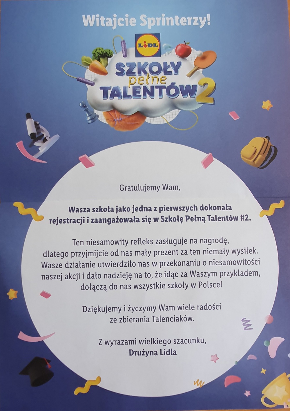 Dyplom od Organizatora akcji Szkoły Pełne Talentów za szybkie zaangażowanie się i rejestrację w 2 edycji.